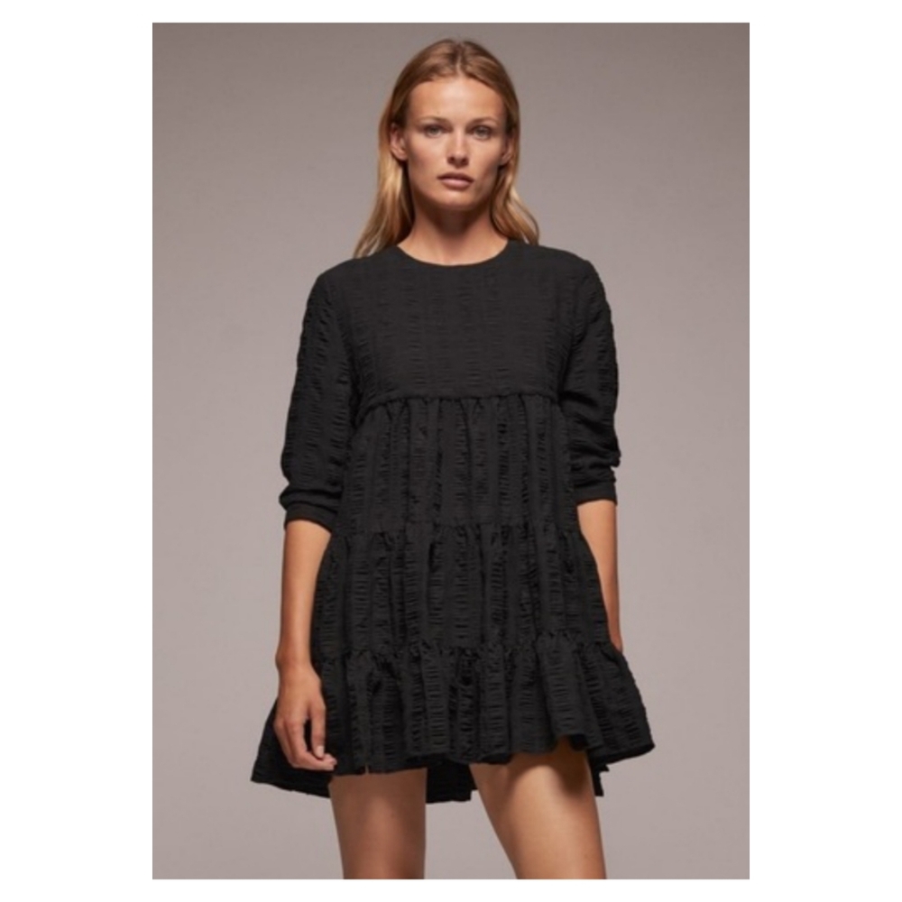 Zara Textured Tiered Long Sleeve Baby Doll Dress